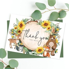 JarThenaAMCS 50 Pack Sunflower Woodland Thank You Cards Boxed Greenery Forest Animal Greeting Cards with Envelopes Stickers Blank Note Card for Birthday Baby Shower, 4 x 6 Inch