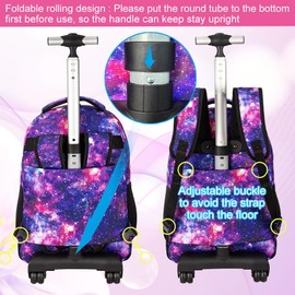 Girls Rolling Backpack, 3PCS Womens Roller Bookbag with Lunch Bag for Kids, Wheeled School Bag for Children - Purple Galaxy