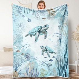 Sea Turtle Throw Blankets, Teal Blue Ocean Beach Coastal Flannel Warm Soft Cozy Fluffy Bed Couch Blanket, Funny Animal Nautical Starfish White Fleece Throws to Decorate The Room and Bedroom 50 x 60