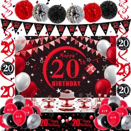 20th Birthday Decorations for Men Women, Happy 20th Birthday Backdrop Banner Red Black, 20 Birthday Decorations Balloons Triangle Flag Tablecloth, 20 Year Old Boys Girls Bday Party Decor for Him Her