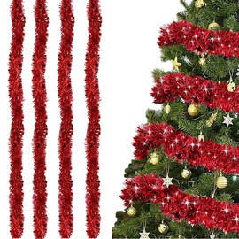 SUNCHE Pack of 4 Christmas Tinsel Garland, Christmas Tinsel Shiny, Christmas Decoration Tinsel, 2 m Shiny Tinsel Garland, Decoration for Christmas Tree, Christmas Party, Birthday Party, Red