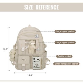 Jywmsc Kawaii School Backpack for Girls Women Cute Aesthetic Backpack School Book Bag with Pin and Accessories (White)