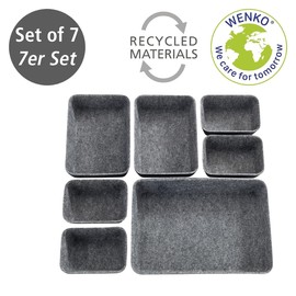 WENKO Drawer Organiser Felt, 7-Piece Storage Aid for Drawers Made of Recycled Polyester Felt, Many Combinations Possible with Boxes in 3 Different Sizes, Black/Grey