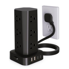 Power Strip Tower Surge Protector, 6FT Flat Plug Extension Cord with Multiple Outlets, 12 AC Outlets 4 USB (2 USB C), Desktop Charging Station with Surge Protection for Home Office Dorm Room, Black