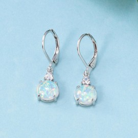 Datiny Round-Cut White Opal Dangle Earrings Trendy 14k White Gold Plated Dangle Earrings Leverback Gemstone Drop Earrings Hypoallergenic Birthstone CZ Earrings Jewelry Gifts for Women
