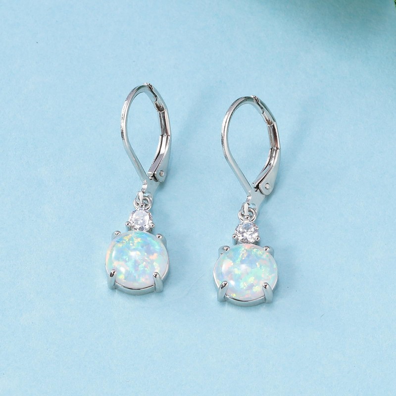 Datiny Round-Cut White Opal Dangle Earrings Trendy 14k White Gold