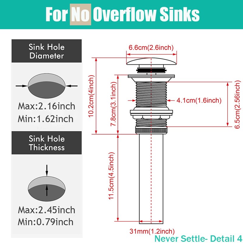 RANDOM Bathroom Vessel Sink Pop Up Drain Stopper Without Overflow