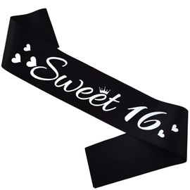 HUBEISIYU Sweet 16 Birthday Sash, 16th Bday Sash Gift Ideas for Girl Funny 16th Birthday Party Decorations Suppiles, Black+ Silver(Sweet 16)
