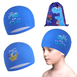 3 Pcs Kids Swimming Cap Set for Boys, Large Baby Waterproof Polyester Cartoon Swim Caps with Drawstring Backpack for Children, teenager and Boys Aged 2-12 (Crab+Dinosaur)