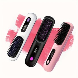 S7 Portable Cordless Hair Straightening Brush with LED Display - Lightweight Mini Negative Ion Hot Brush, USB Comb Straightener Wireless Straightener Anti-Scald Dual hot air wavy  iron rpm high wavy  talk - Color: Pink