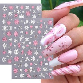 Christmas Pink Nail Art Sticker Decals 3D Self-Adhesive Pink Snowflake Elk Design Nail Decals Snowman Lamp Ball Pattern Self-Adhesive Nail Art Stickers Nail Art Supplies Decoration for Women Manicure