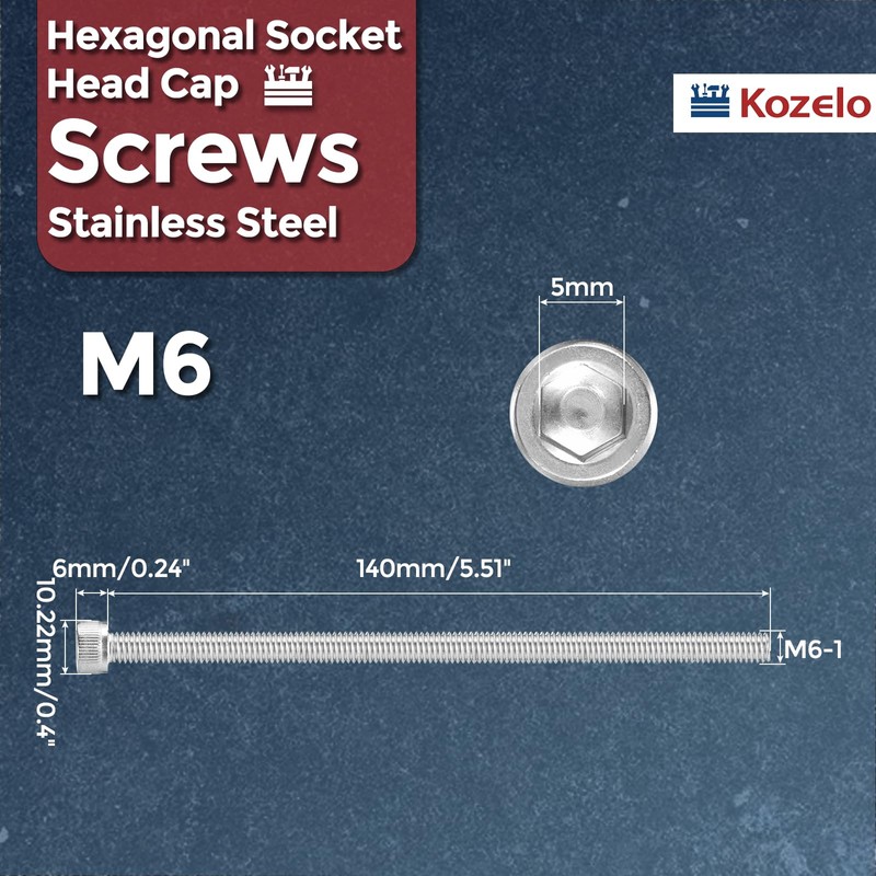 Kozelo 5pcs Socket Head Cap Bolts [M6-1 x 140mm] 304