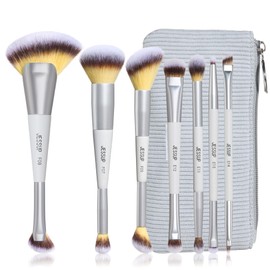 Jessup Set Brocha de Maquillaje 7pcs Brochas para Maquillaje Doble Punta, Pinceles Sintéticas para Base, Contorno, Rubor, Iluminador, Cejas y Sombras 