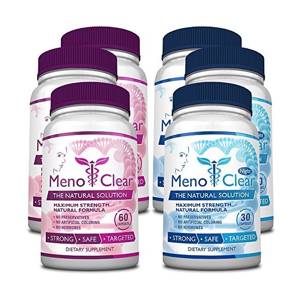Menoclear Day + Night - Menopause Supplement Relieves Hot Flashes, Mood Swings, and More- Maximum Strength All Day Support - 3+3 Bottles - 100% Natural