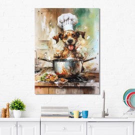 DesignQ Brown Modern & Contemporary Canvas wall art, Dog Kitchen Wall art, Chef Dog Cooking in the Kitchen, Dog Kitchen Wall art decor, 12x20 inches