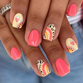 Red Press on Nails Short Square Fake Nails with Design Glossy Full Cover Glue on Nails Cute Summer False Nails Reusable Acrylic Artificial Nails for Women Girls DIY Nail Art 24Pcs