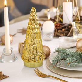 SHMILMH Árbol de Navidad de vidrio mercurio dorado, 1 pieza, árbol de Navidad de mesa con luz, funciona con pilas, pequeño árbol de Navidad para decoración de centro de chimenea, 10 pulgadas