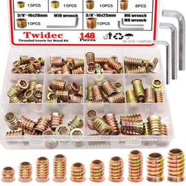 Twidec/148PCS Threaded Inserts for Wood Kit 1/4"-20, 5/16"-18, 3/8"-16 Threaded Inserts Furniture Screw-in Nut Wood Inserts Bolt Assortment Kit with Hex Wrench