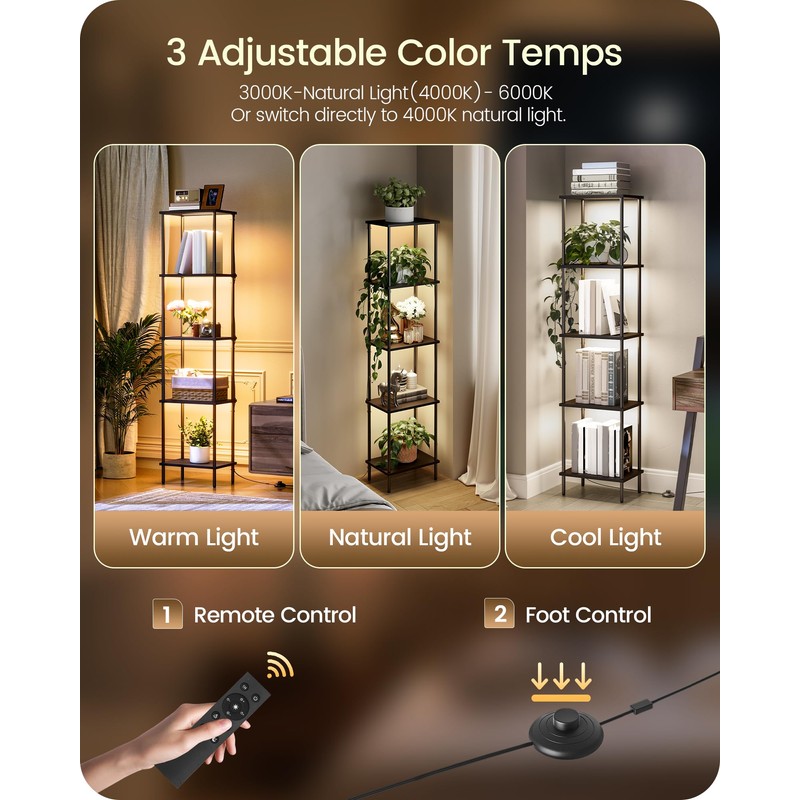 Display Shelf with Light, 5-Tier Shelf Lamp, Corner Floor Lamp