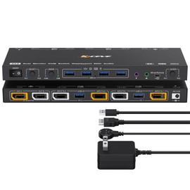 KVM/USB Mode KVM Switch 2 Monitors 2 Computers with Audio, ANXQQ 8K@30Hz 4K@144Hz USB 3.0 Dual Monitor KVM Switch Displayport, Share 4 USB Devices with Wired Control and Power Adapter