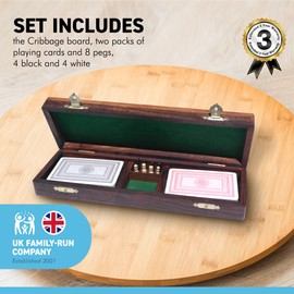 Traditional classic wooden cribbage board with pegs and two packs of playing cards | internal storage area | Retro wooden board set | crib board