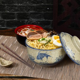 CALLARON 26 oz Ceramic Ramen Bowl, Japanese Noodle Bowls Set of 2, Large Soup Bowl with Lid, Spoons and Chopsticks, Vintage Ramen Dish for Pho, Udon, Noodles, 6 inch, Microwave Dishwasher Safe
