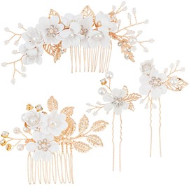 4Pcs Bridal Headpieces Hair Combs, Handmade Hair Comb Set Flower Pearl Hair Barrettes, Crystal Floral Leaf Hair Clip Hair Accessories for Women Girls Bride Bridesmaid