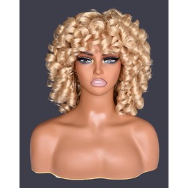 CurlCOO Blonde Curly Wigs for Black Women Short Curly Wig with Bangs Soft Big Loose Cute Afro Kinky Curly Hair 14 Inch Synthetic Wig for Black Women(Blonde)