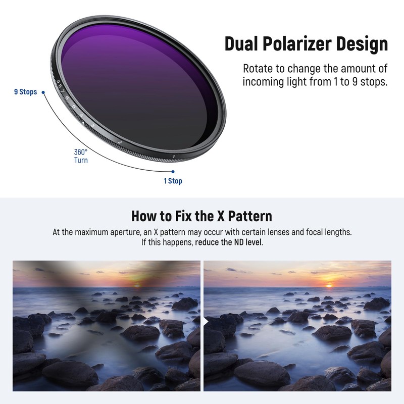 NEEWER 82mm Variable ND Filter ND2-400 (1-9 Stops) with 3x