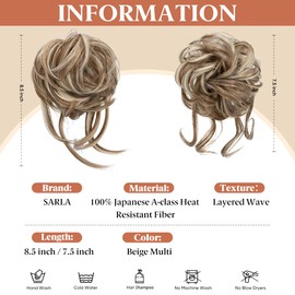 SARLA 2PCS Messy Bun Hair Pieces for Women Wavy Curly Synthetic Hairpieces for Updos with Tendrils Fake Scrunchies Ponytail Extension Beige Multi