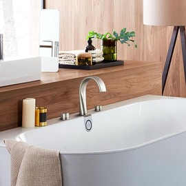 SKOWLL Waterfall Bathtub Faucet Brushed Nickel, Brass Bath Tub Faucet Set 3 Hole High Flow Roman Tub Faucet 2 Handle Deck Mount Bathtub Faucets Widespread with 360 Swivel Spout LED