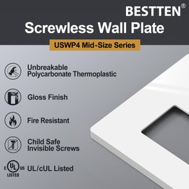 BESTTEN 3 Gang Mid-Size Screwless Wall Plate, Midway Decorator Receptacle Outlet Cover, USWP4 Gloss White Switch Plate, Triple Gang Midsized Decor Faceplate, 12.40cm x 17.12cm, cUL Listed, 2 Pack