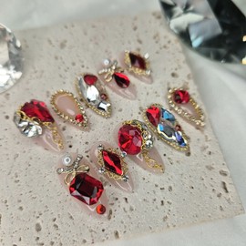 [Premium] Red Point Stone Handmade Nail Tips - Oval / [프리미엄] 레드포인트 스톤 수제네일팁 - 오발