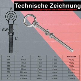 Priostahl 637 _ Nuts Eye Bolt Screw M6 X 40 STAINLESS STEEL V4 A | (Pack of 10)