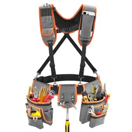 Feeloco Tool Belt with Suspenders, Heavy-Duty 24-Pocket Work Belt for Electrician, Carpenter, Construction, Detachable & Adjustable Tool Pouch Bag for Men -Fits Waists 33"-48"