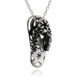 FashionJunkie4Life Sterling Silver Flip Flop Pendant Necklace, 18 Inch, Plumeria Flower Hibiscus