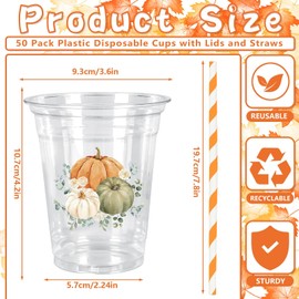 50Pcs Fall Plastic Cups with Lids Straws Pumpkin Floral Disposable Cups 12oz Orange Green White Harvest Party Drinkware for Autumn Thanksgiving Halloween Supplies