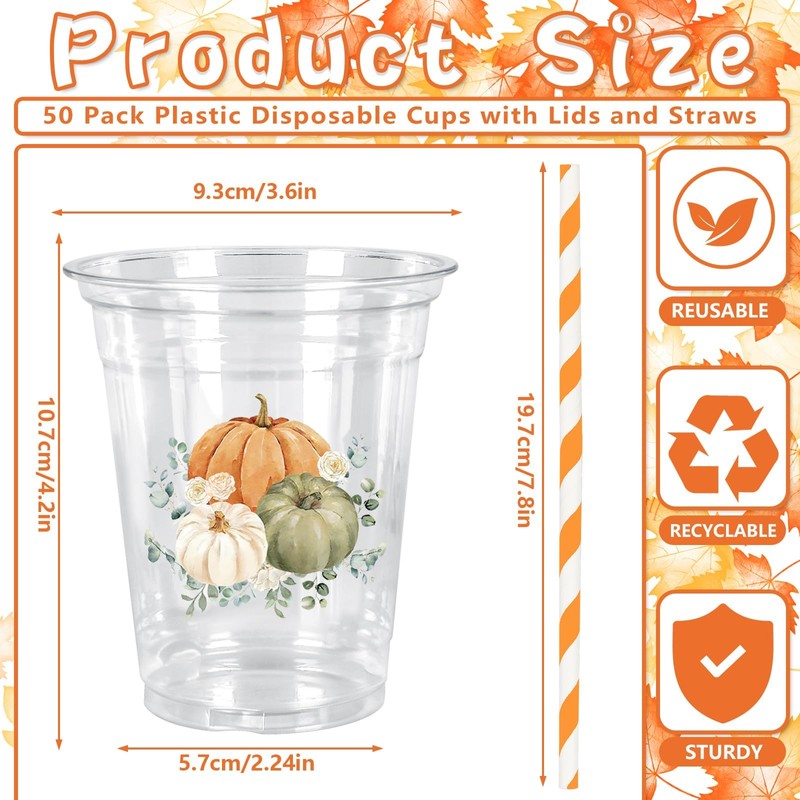 50Pcs Fall Plastic Cups with Lids Straws Pumpkin Floral Disposable