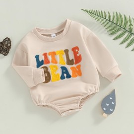 Dcohmch Little Bean Baby Girl Boy Romper Long Sleeve Crewneck Letter Embroidery Casual Playsuit Neborn Fall Clothes (Apricot, 0-3 Months)