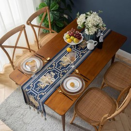 Embroidery Luxury Table Runner, Long Elegant Jacquard Table Runner Dresser Scarf with Multi-Tassels for Dining Room Party Banquet Table Decor, Blue, 14x120inch
