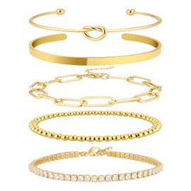 VITASHYNX 5 Pcs Cuff Bracelets For Women, 18K Real Gold Plated Bracelets, Bracelet Sets For Women Stackable For Women Trendy Non Tarinish