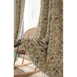 Tokusyou Country House Style Curtains, Opaque Beige Vintage Curtains, Linen Look, Jacquard Birds Leaves, Cotton Boho Curtain with Tassel, Rod Pocket for Living Room, Kitchen, Set of 1, W 150 x H 220