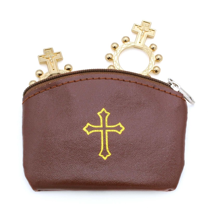 Brown Rosary Pouch with Zipper and Gold Cross Imprint