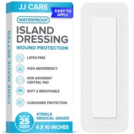 JJ CARE Waterproof Adhesive Island Dressing [Pack of 25], 4" x 10" Sterile Bordered Gauze, Breathable Island Wound Dressing, Individually Wrapped Adhesive Gauze Bandages with Non-Stick Central Pad