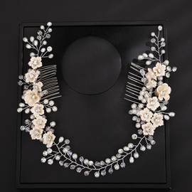 Teyglen Wedding Rhinestones Pearl Headband With Comb Bridal Flower Crystal Pearls Long Headband Hair Vine Hair Comb Floral Hair Accessories Silver Hair Pieces for Women Bride