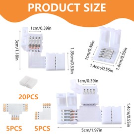 10 Pcs LED Strip Light Connectors 4-Pin with 20 Pcs Connector Clips, 10mm RGB LED Strip Connector Blocks, Solderless Gapless Adapter, 5 PCS T Shape + 5 PCS L Shape for SMD 5050 3528 RGB LED Strips
