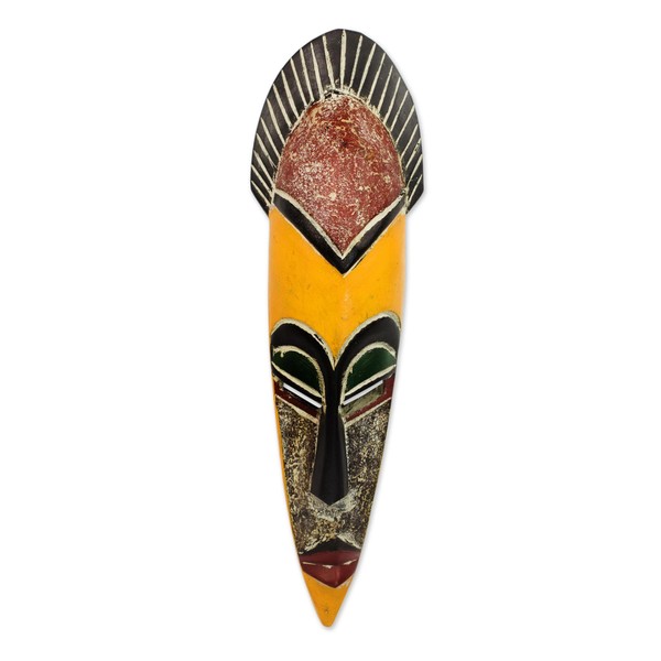 NOVICA Yellow and Brown Painted Ghanaian Wood Wall Mask, Protect The Jungle'