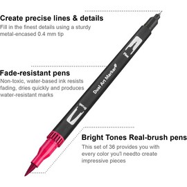Set of 36-Colors: Dual Brush Marker Pens for Adult Coloring Books - No Bleeding, Fine Point, Multicolor