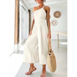 ANRABESS Women's Summer Straps One Shoulder High Waist Dressy Casual Wide Leg Linen Jumpsuit Romper Beach Travel Outfits White Medium