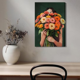 OCRXLYTH Female Portrait Canvas Wall Art Woman With Zinnias Bouquet Wall decor pictures Emerald Green Abstract People Painting Prints Eclecticism artwork for Living room bedroom decoration 16x24in